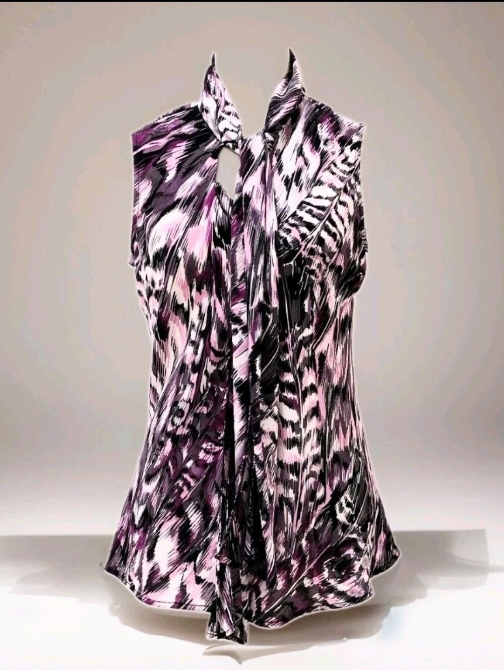 Bar III Sz M Pink & Black Printed Tie-Neck Sleeveless Blouse